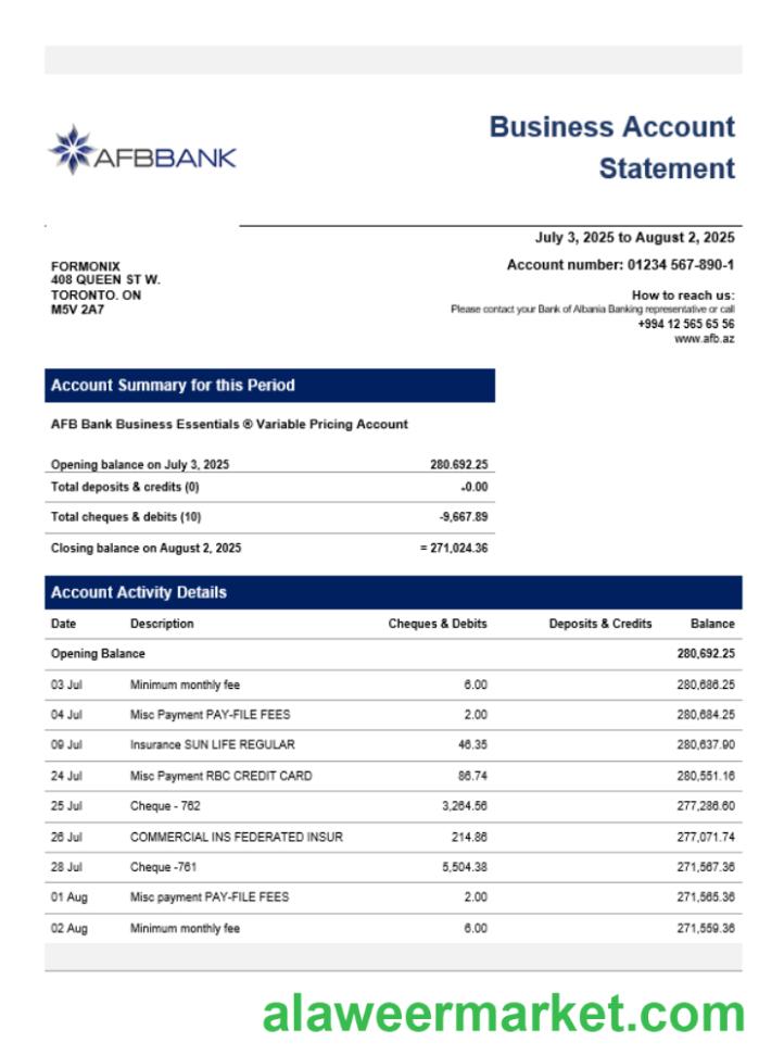 AFB business firm account bank statement Word and PDF format